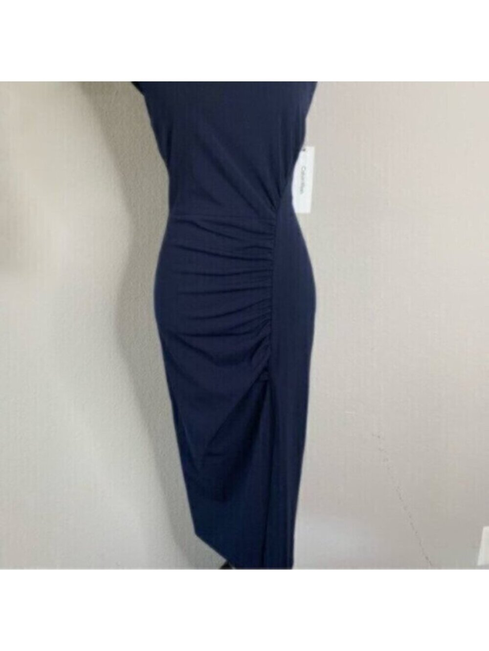 NWT Calvin Klein Navy Blue Side-Ruched Scuba Crepe Sheath Dress - Picture 11 of 17